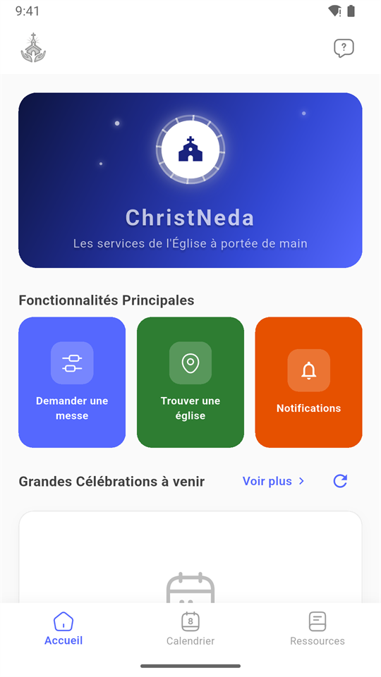 Ecran d'accueil de l'application ChristNeda
